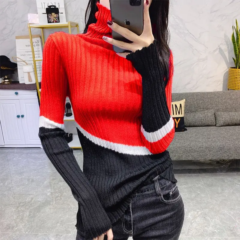 2023 nuove donne abbigliamento Casual moda sottile tinta unita Patchwork dolcevita manica lunga pullover autunno inverno maglioni sottili