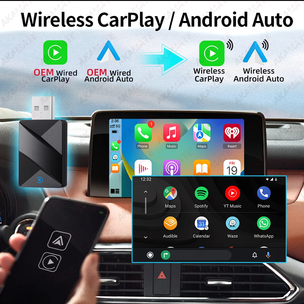 2 في 1 دونجل CarPlay اللاسلكي اللاسلكي أندرويد التوصيل والتشغيل التلقائي لشركة فولكس فاجن تويوتا هوندا نيسان لراديو السيارة السلكية OEM
