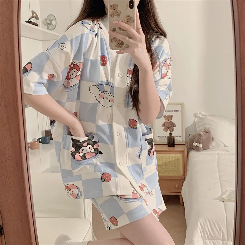 

New V-Neck Short Sleeve Sleepwear Women's Open Cardigan Summer Shorts Home Clothes Set Cute Japanese Kimono Style Polyester F...