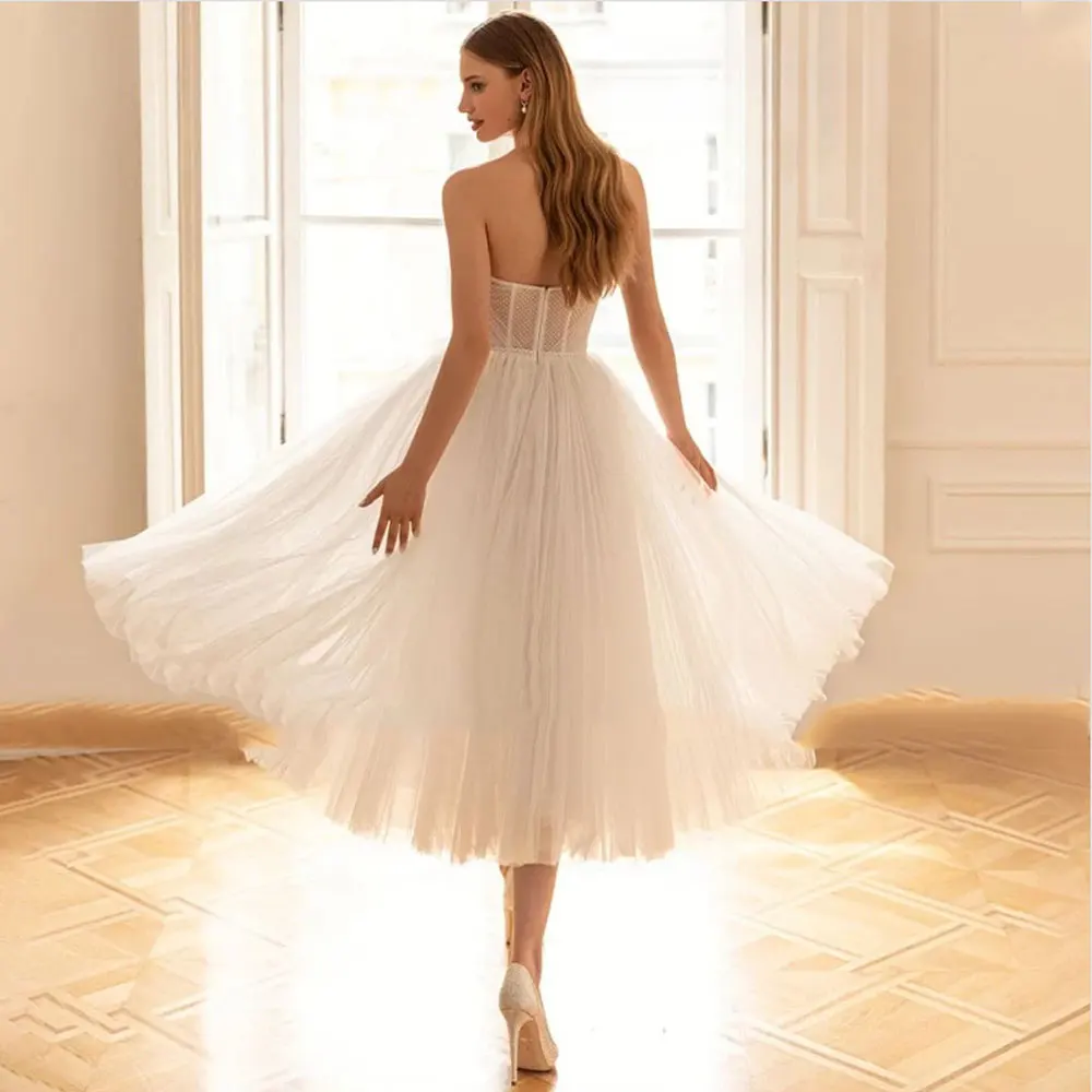 Robe de mariée en fibre de A sans bretelles, robe courte dos nu sexy, élégante, nœud en tulle, patients, quoi que ce soit, romantique, 2024, 2024