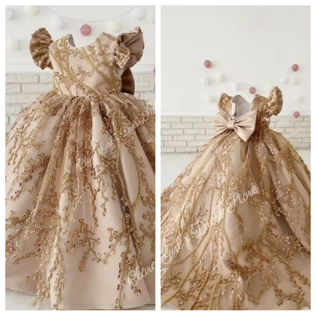 Champagne Flower Girl Dress For Wedding Sparkling Sequins Ball Gowns Girls Cute Birthday  Dress Customized