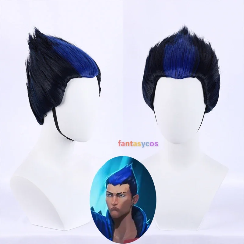 Valorant Yoru Cosplay Wig Short Blue Black Mixed Men Wigs Slicked-back Hair Heat Resistant Synthetic Halloween Role Play Wigs