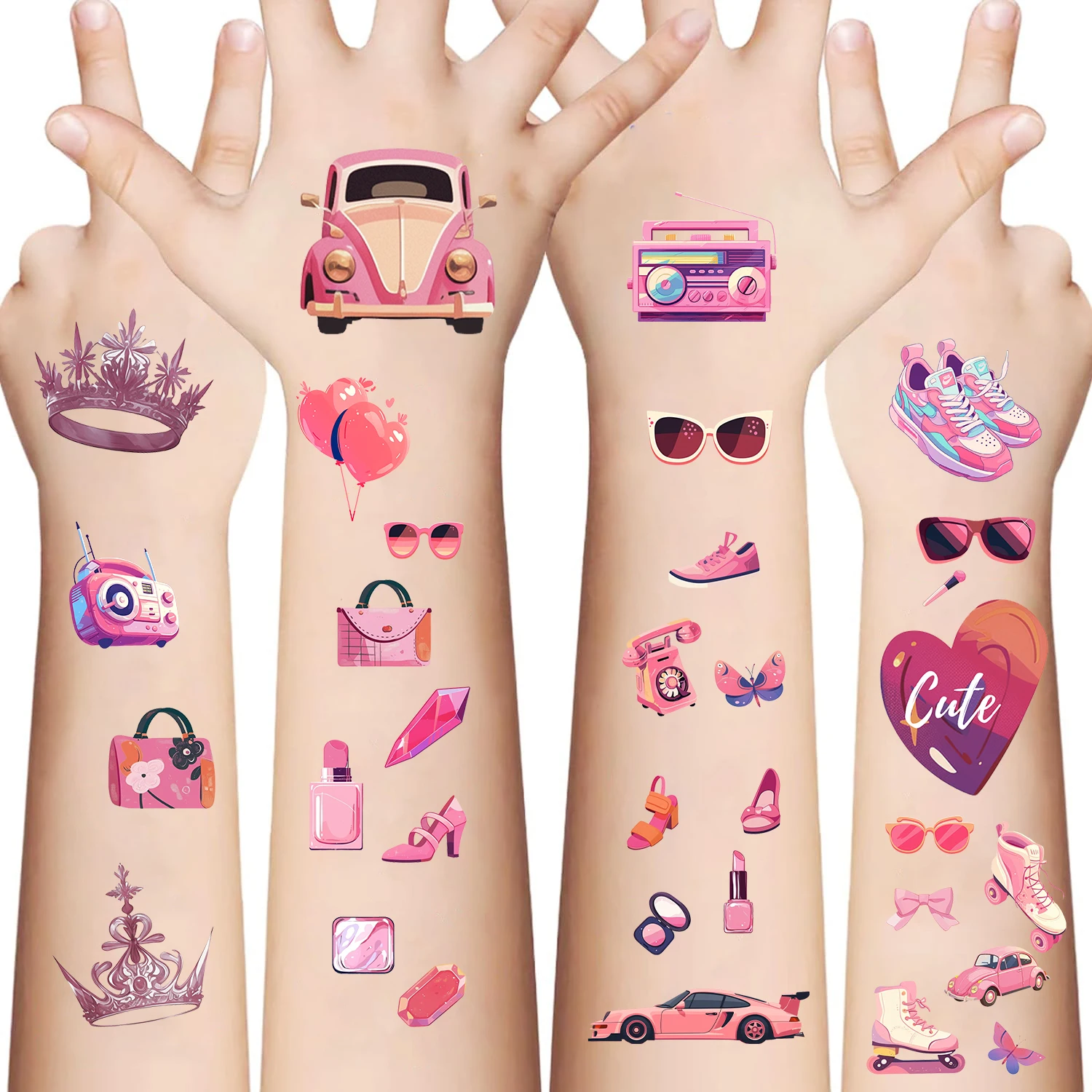 10pcs Pink Girls Party Waterproof Temporary Tattoo Sticker Cartoon Colorful Tatto For Kids Arm Body Art Fake Tattoos﻿