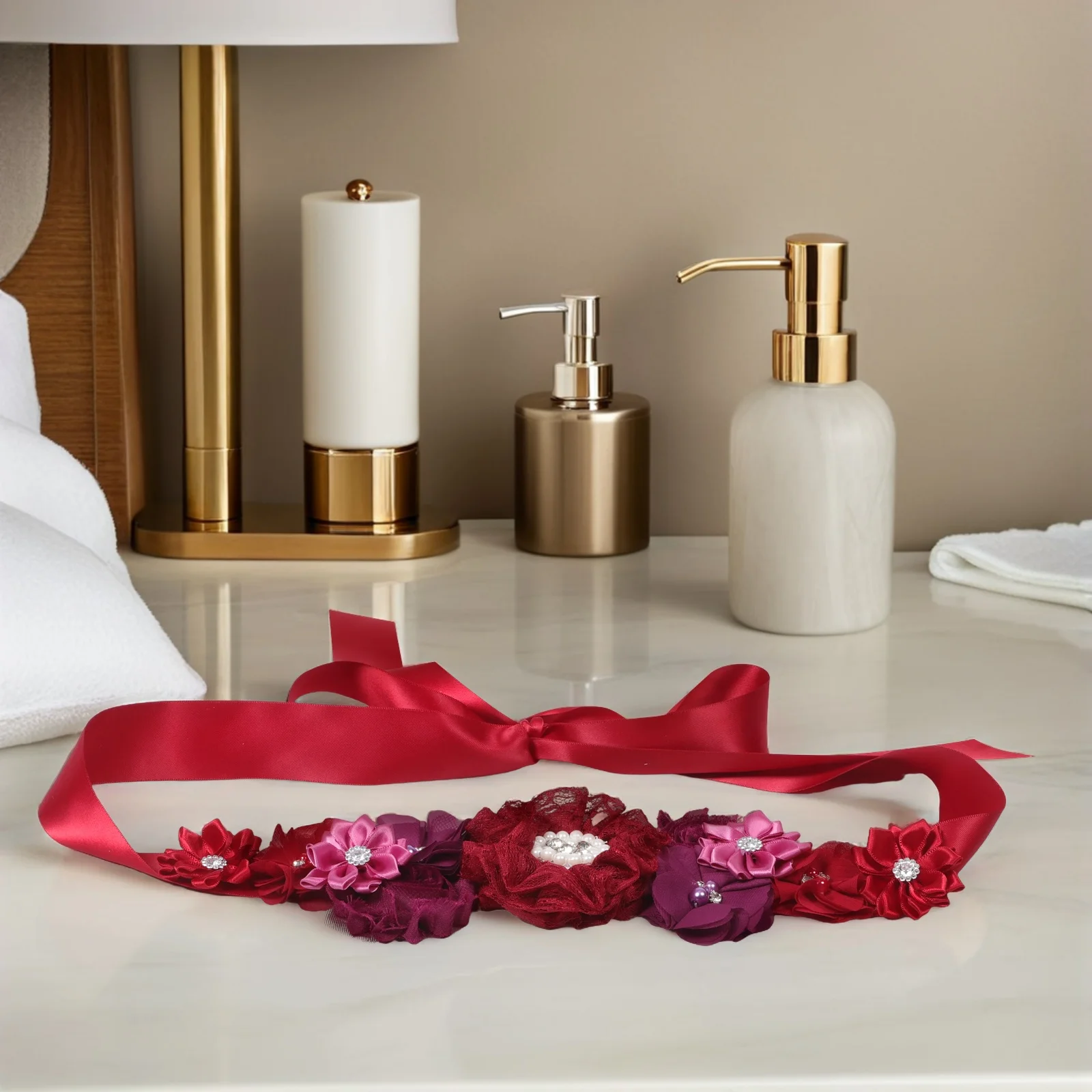 

Floral Maternity Bridal Satin Ribbon Belly Band Pregnancy Flower Sash Adjustable Elegant Wedding Pregnant Baby Shower Photoshoot