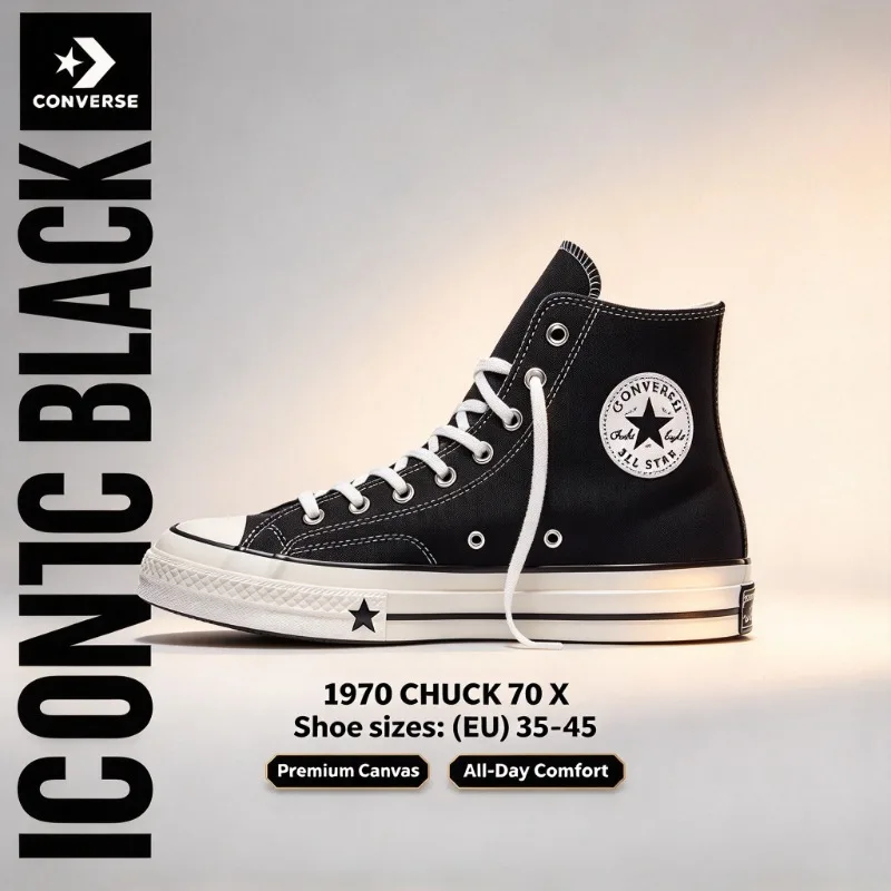 Converse 1970 CHUCK 70 X: Comfortable, Durable and lightweight High-Top Canvas Trainers (Unisex), Black A24225C