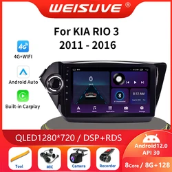 2 Din Android 12 for Kia RIO 3 2011 - 2016 Car Radio Multimedia Video Player Navigation GPS Wireless Carplay Auto Stereo DVD 4G