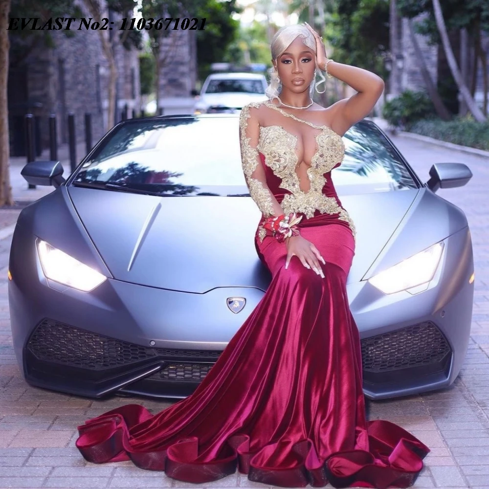 EVLAST Maßgeschneidertes afrikanisches Burgunder-Meerjungfrau-Abschlussballkleid, Spitze, Perlenstickerei, schwarzes Mädchen-Abendkleid, formelles Partykleid E2P103