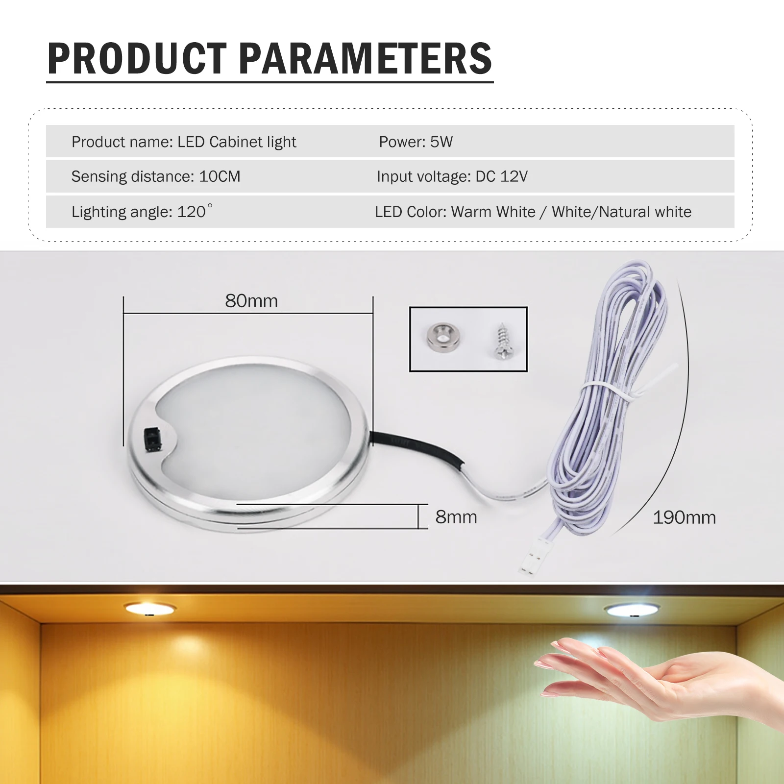 Ultra Thin Kitchen Cabinet Ceiling Light DC 12V 5W PIR Motion Sensor Wave Hand Dimmable Round Spot Lamp 3000K 4000K 6000K White