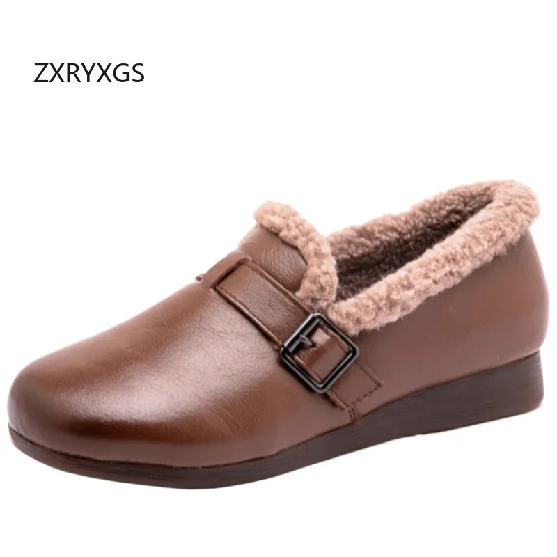 

ZXRYXGS Premium Soft Cowhide with Wool Warm Flats Women Cotton Shoes 2025 New Fashion Real Leather Comfort Winter Shoes Flat