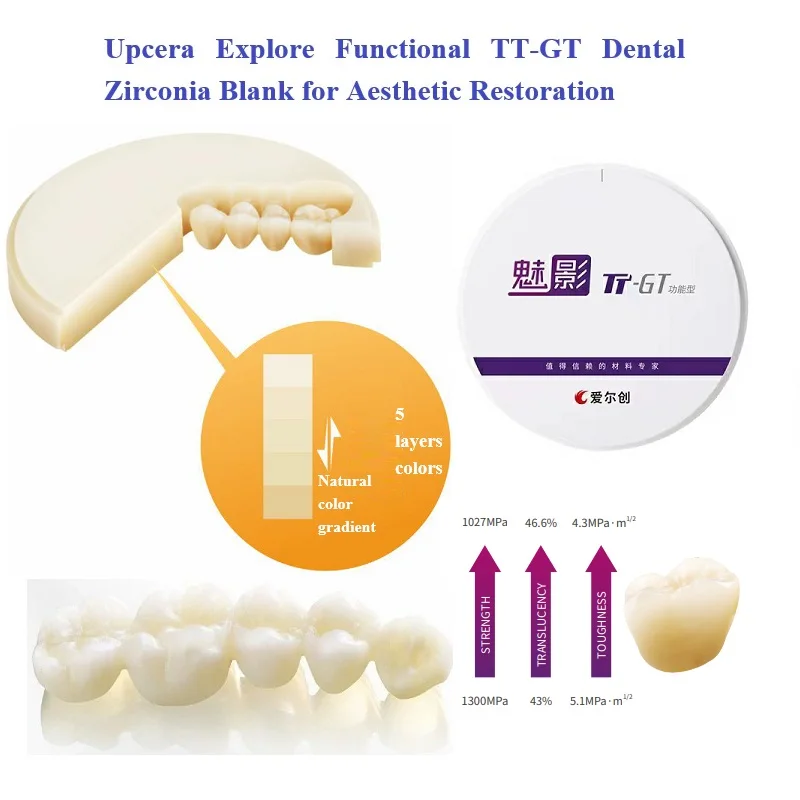 98mmX12/14/16/18/20/22/25mm Upcera TT-GT Explore Functional CAD CAM System 4D Multilayer Zirconia Blocks Dental Lab Material