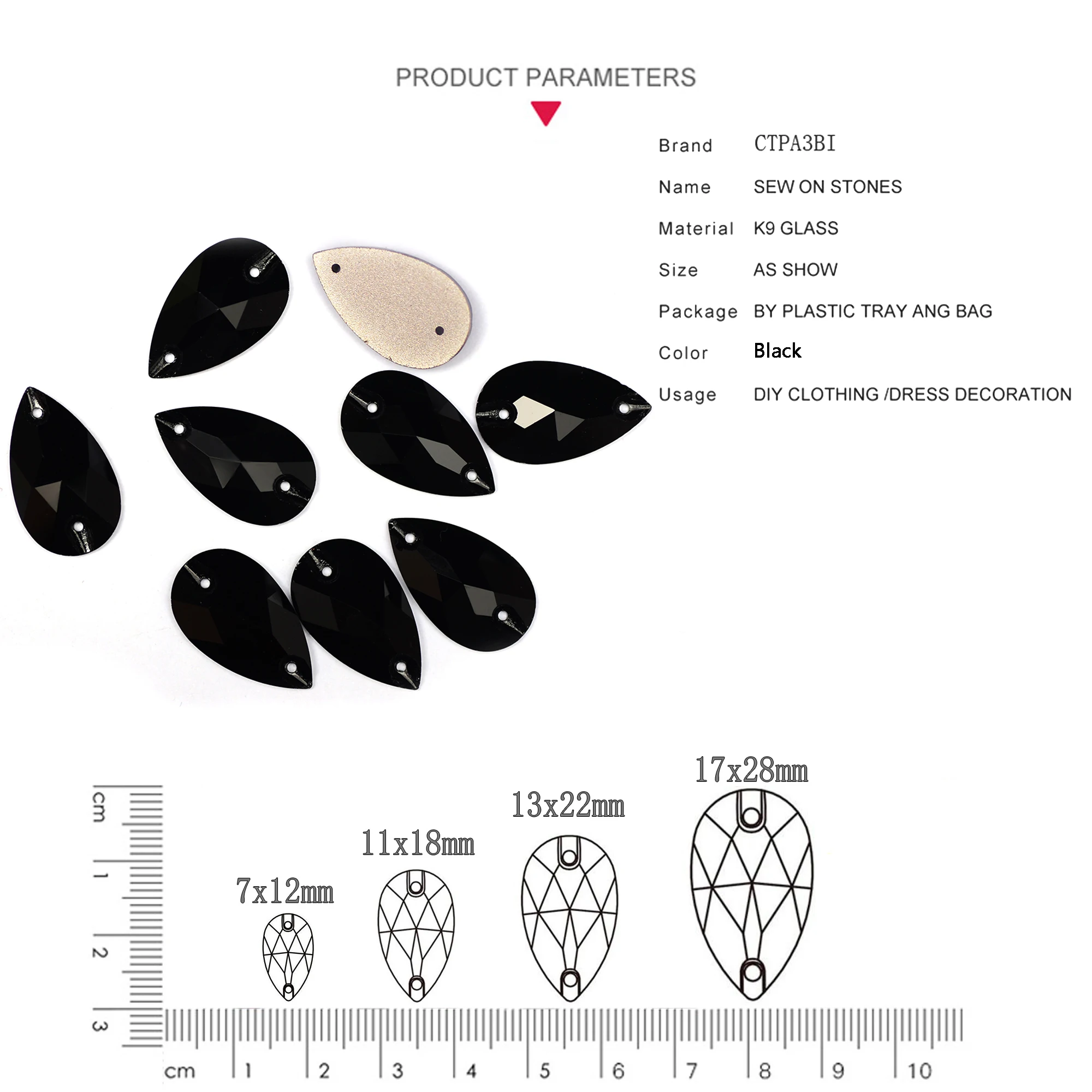 Mix size Black color Sewing Rhinestone Sew On K9 Crystal Flatback Drop shape Gems Strass Stones For Clothes Dress Crafts