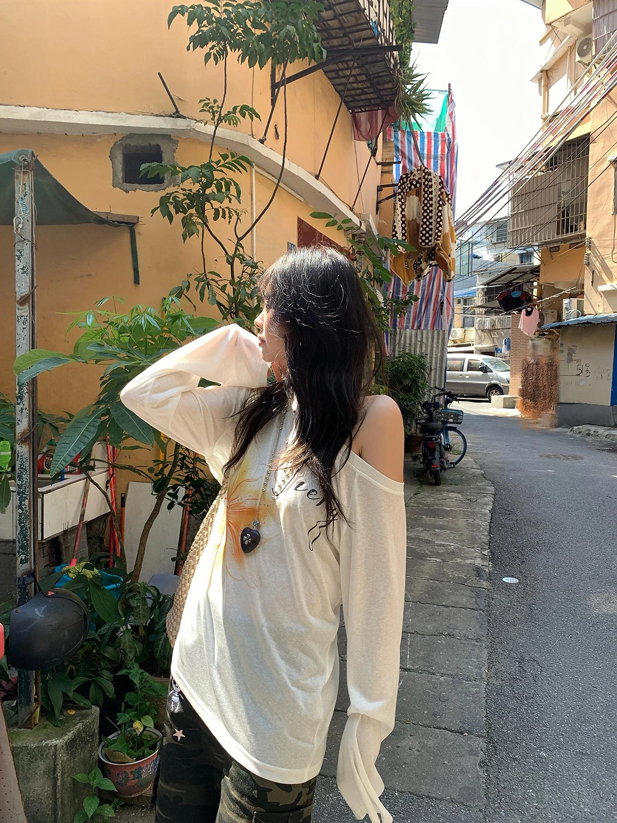 Sakura Model Side Drawstring Design Long Sleeve T-Shirt Printed Loose Thin Cover up Top Korean Style Commute Creative Summer ...
