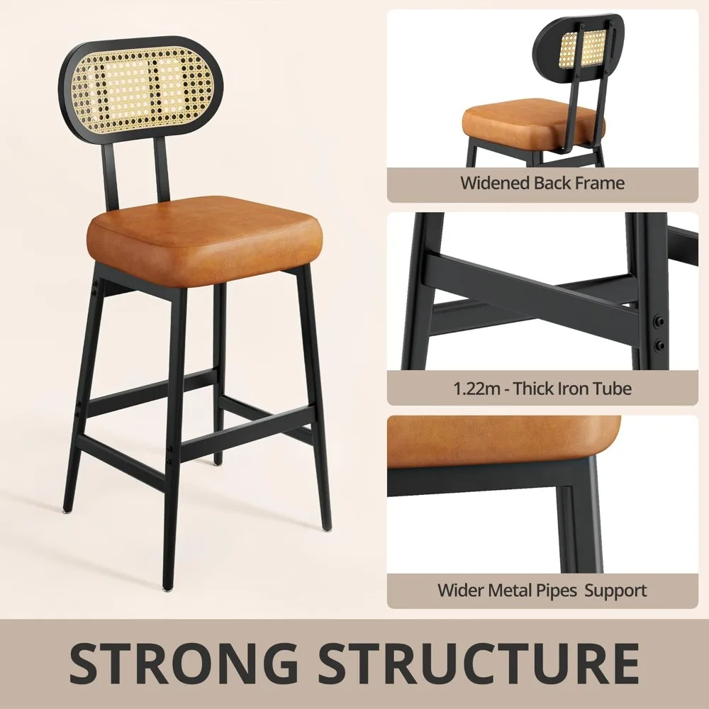 30" Barhocker in Thekenhöhe (2er-Set): Modernes PU-Leder, Rattan-Rückenlehne, breiter Sitz