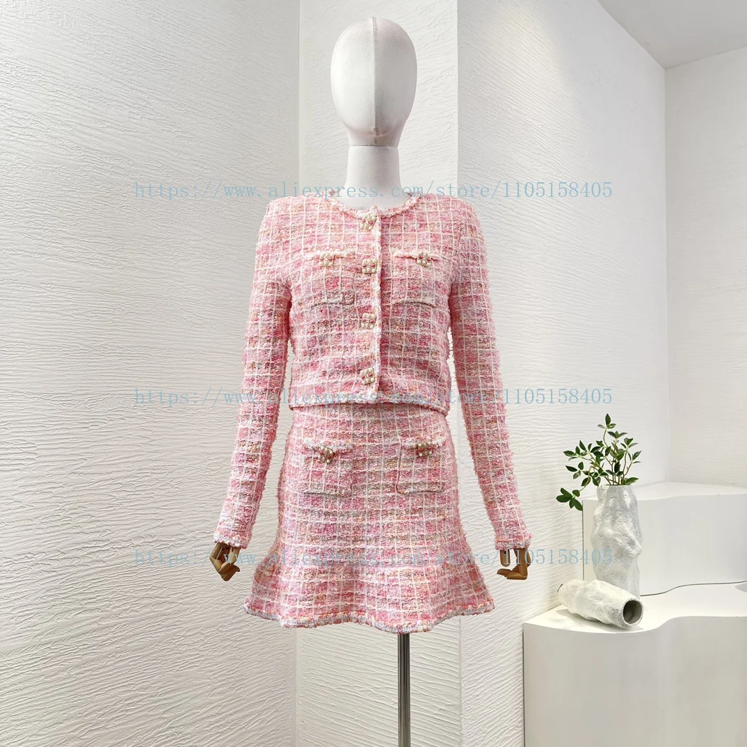 

2026 Elegant Pink Long Sleeve Tweed Jacket Tops and Skirt Women's Matching Sets