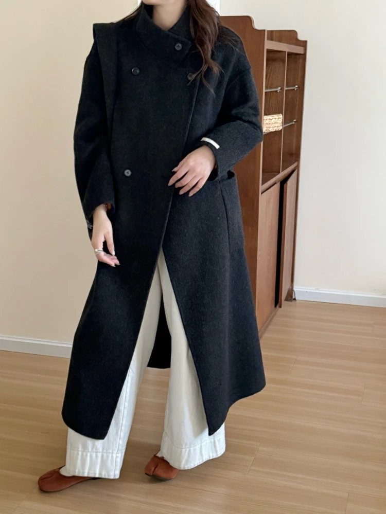 معطف صوف طويل جديد لعام 2025 لخريف/شتاء بربطة عنق مع حقيبة سترة نسائية فضفاضة موضة غير رسمية سميكة دافئة سترات صوفية على الوجهين #5