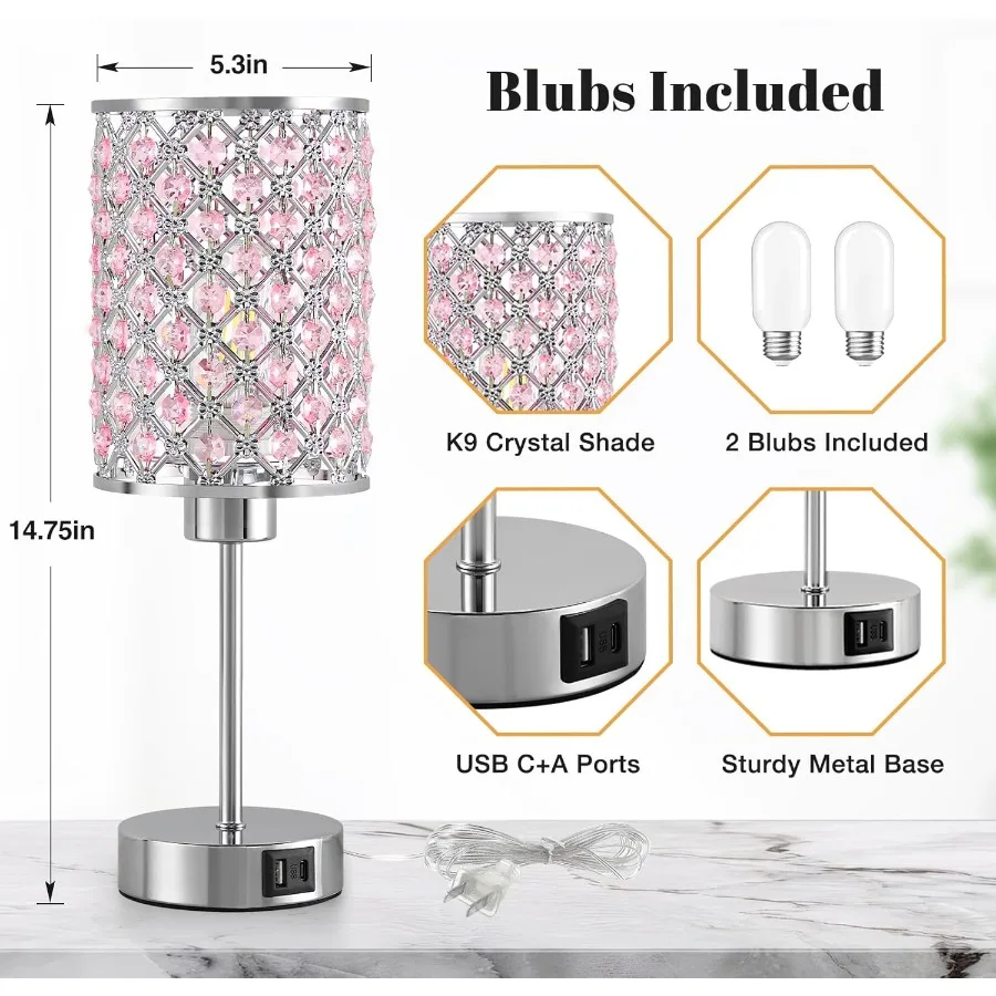 โคมไฟตั้งโต๊ะคริสตัลสีชมพู ควบคุมด้วยระบบสัมผัส พร้อมพอร์ตชาร์จ USB-C+A ปรับความสว่างได้ โคมไฟข้างเตียง โคมไฟตั้งโต๊ะขนาดเล็ก ชุด 2 ชิ้น