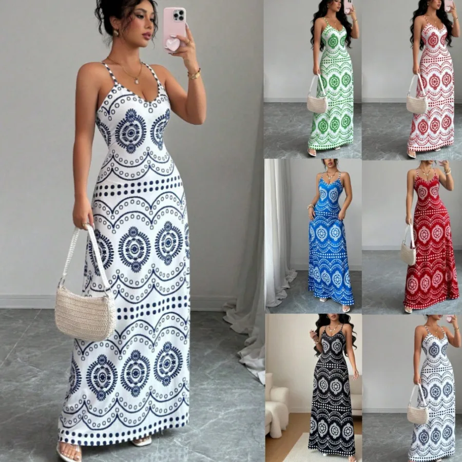 

【New style】2026 new style suspender print summer slim fit fashion V-neck, jumpsuit long dress