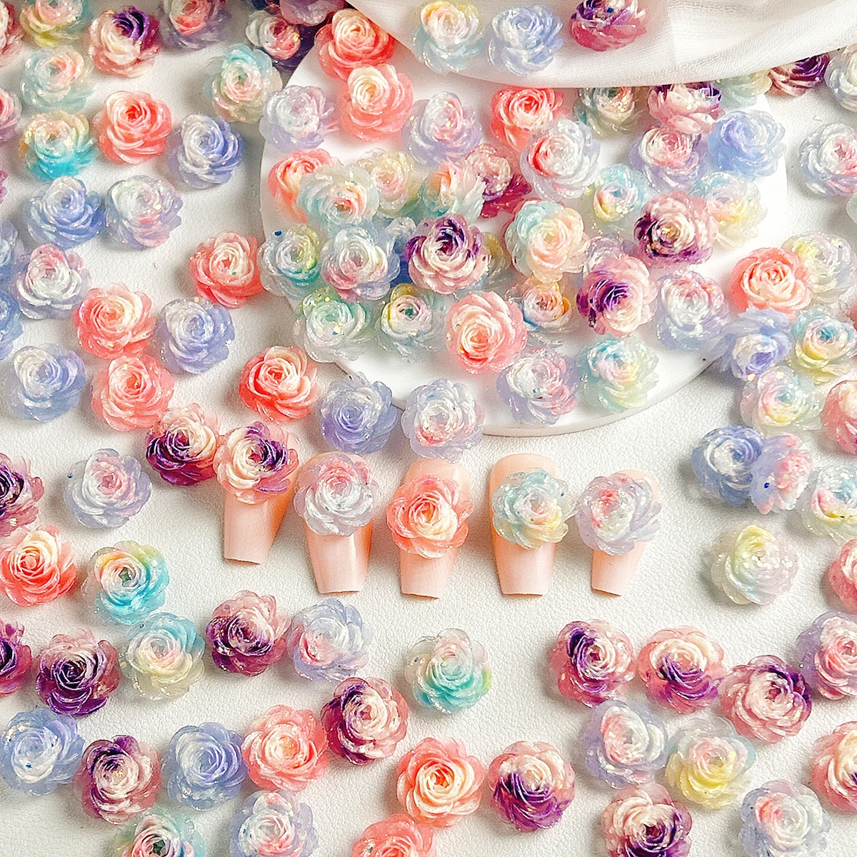 

Sweet Dreamy Resin Flowers Nail Charms 3D Novelty Gradient Luminous Fine Sparkling Peony Nail Art Decorations for DIY Nails Clip