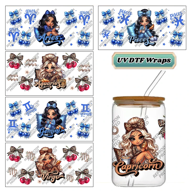 Zodiac Sign Cute Girl UV DTF Cup Wrap Stickers Waterproof Transfer Vivid Print For 16oz Libbey Glass Can Horoscope Tumbler Decal