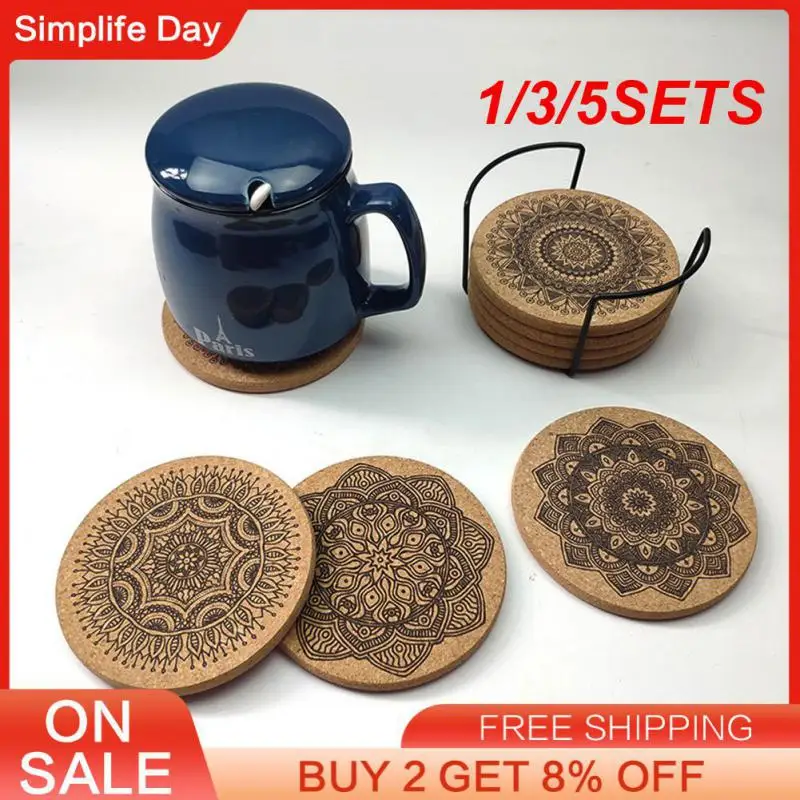 1/3/5SETS Coffee Cup Pad With Rack Nordic Mandala Round Cork Coaster 1 Set Wooden Coasters Table Mat Kitchen Accessories