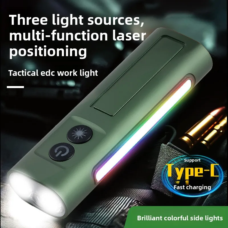 EDC Green Laser Multi-Function Flashlight with Magnetic Adsorption, Side Light & High Brightness (Aluminum Alloy)