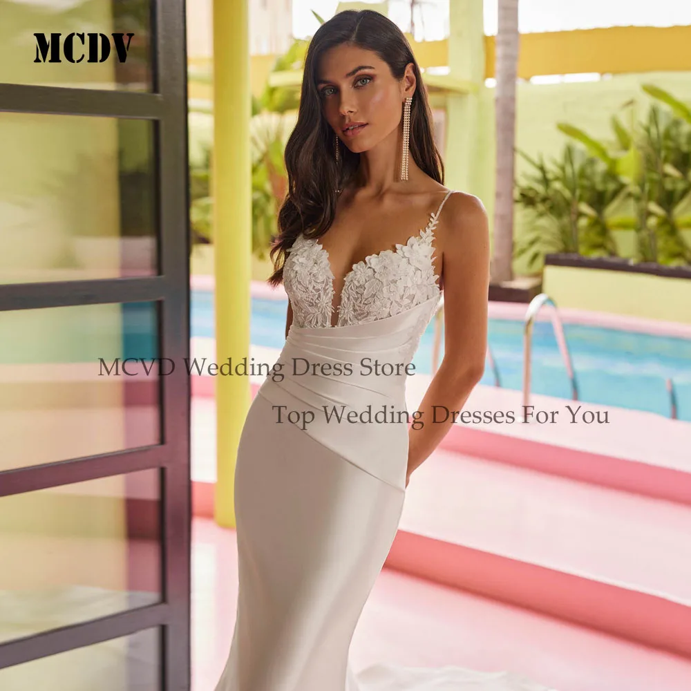 

MCDV Mermaid Wedding Dresses Applique Spaghetti Straps V-Neck Backless Sexy Bride Gowns 2025 Pleat Wedding Party Gown Customized