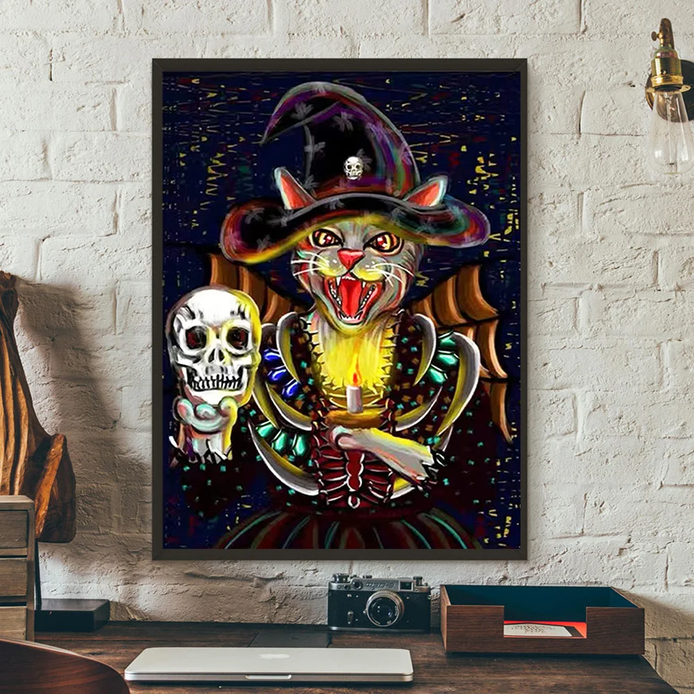 5D Diamond Painting Halloween Cat Diamond Mosaic Painting Kits Halloween Horror Pictures Full Drill Rhinestone Embroidery DIY