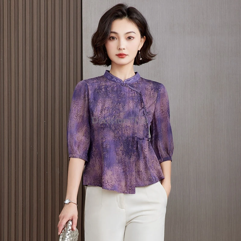 

2025 модный китайский улучшенный топ Cheongsam с винтажным принтом из натурального шелка, топ Ципао, элегантная темпераментная женская повседневная блузка