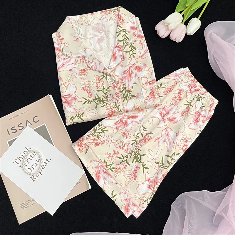 French Elegant Narcissus Pattern Summer Short Sleeved Shorts Temperament Nightwear Set Homewear Pink Luxury Floral Women Pajamas