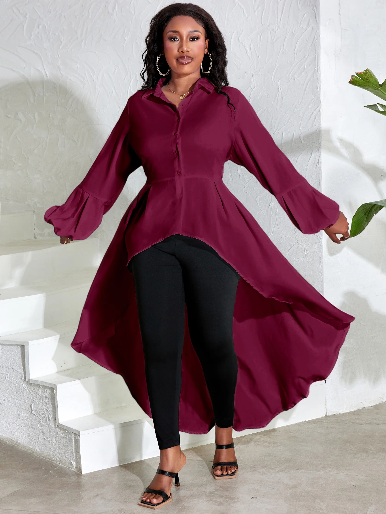 LW Plus Size Asymmetrical A Line Blouse Fashion Shirts Women\'s Hem Blouses Casual Long Puff Sleeve Female Lapale Neck Button Top