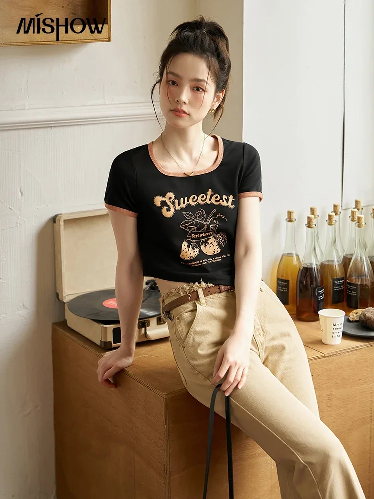 MISHOW Women's Short Sleeve T-shirt 2023 Summer Fashion American Retro Letter Printting Asymmetric O-Neck Short Tops MXC36T0040