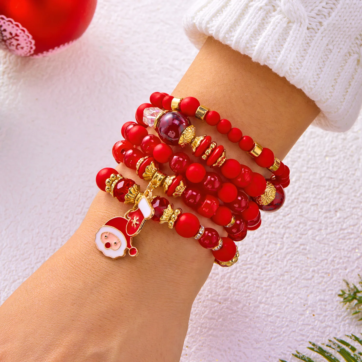 

Personality Red Color Christmas Beaded Bracelet Set for Women Men Fashion Crystal Lovely Festival Gift Daily Part Xmas Jewelry
