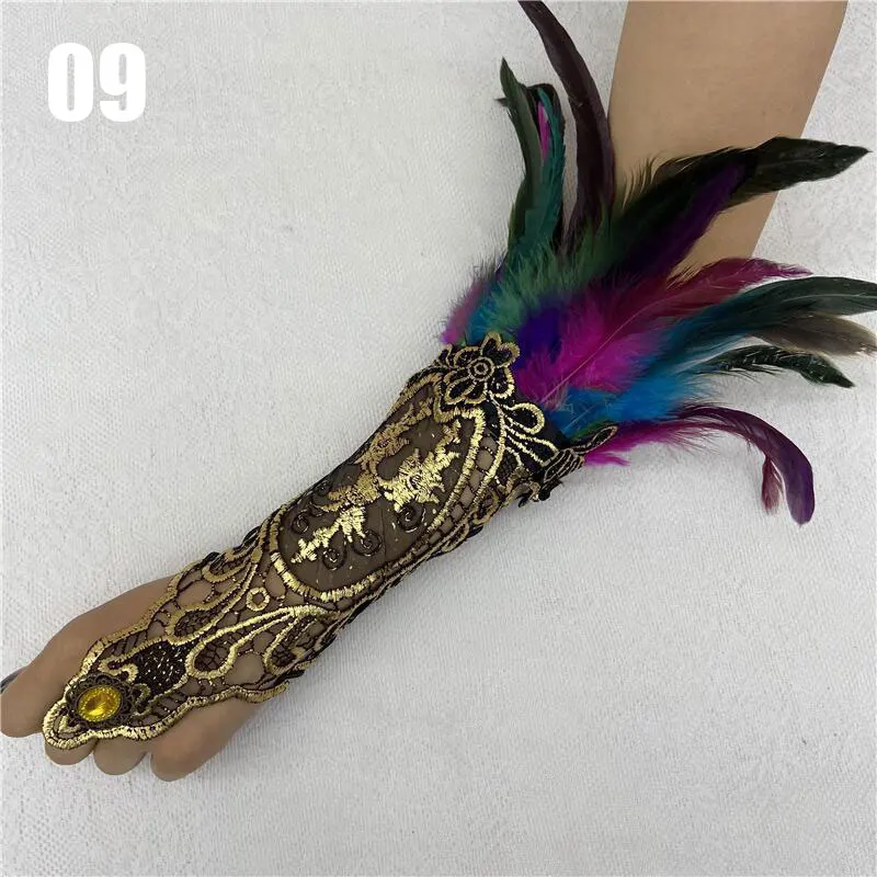 2pcs Gothic Feather Gold Lace Long Gloves Women Lace-up Bracelet Party Perform Sexy Y2k Fingerless Gloves Halloween Accessories