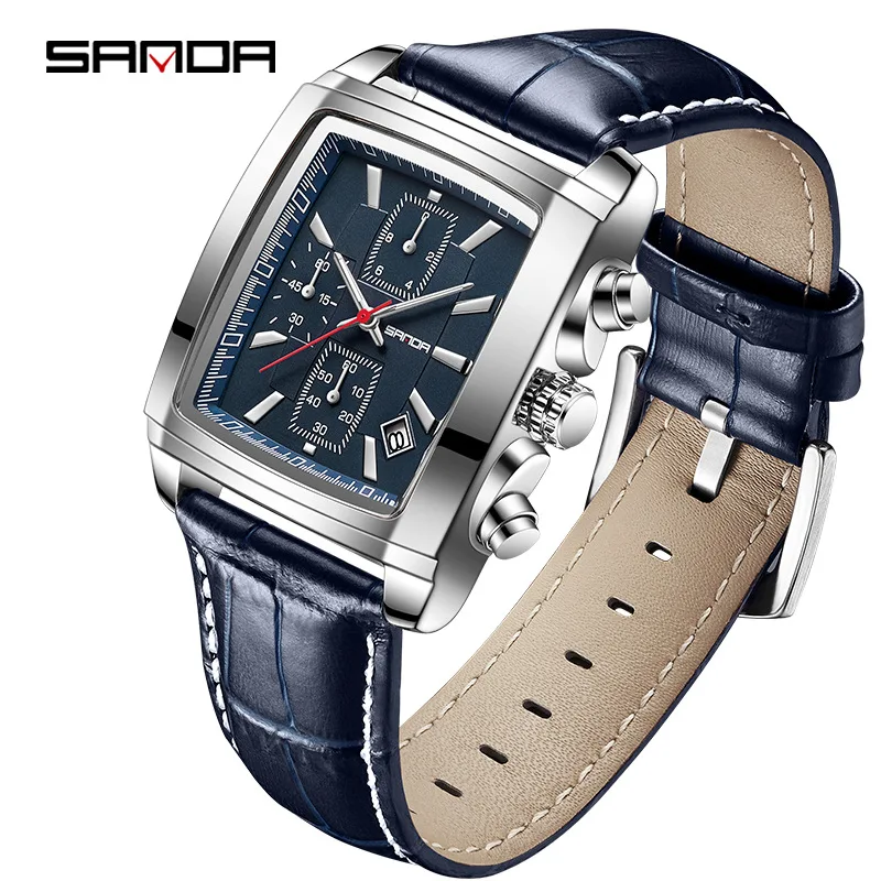 Sanda 5303 Rectangle Dial New Design Soft Leather Strap Water Resistant Quartz Movement Business Men Wrist Stop Hand Watch