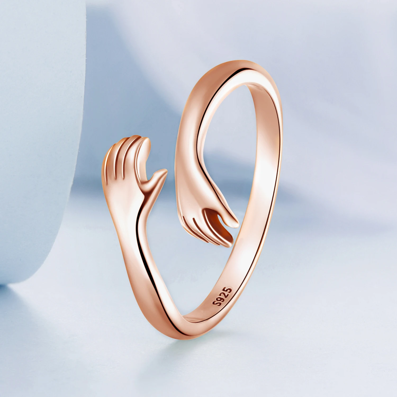 BAMOER 925 Sterling Silver Hug Open Ring Warm Love Hand Adjustable Glossy Ring for Women, His Big Loving Family Party Gift