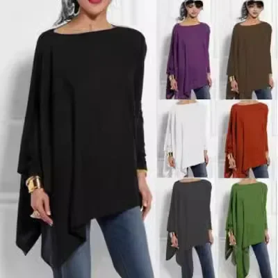 Women Long Sleeve Irregular Solid Color Pullover T-shirt Casual Loose Top Tee Blouse