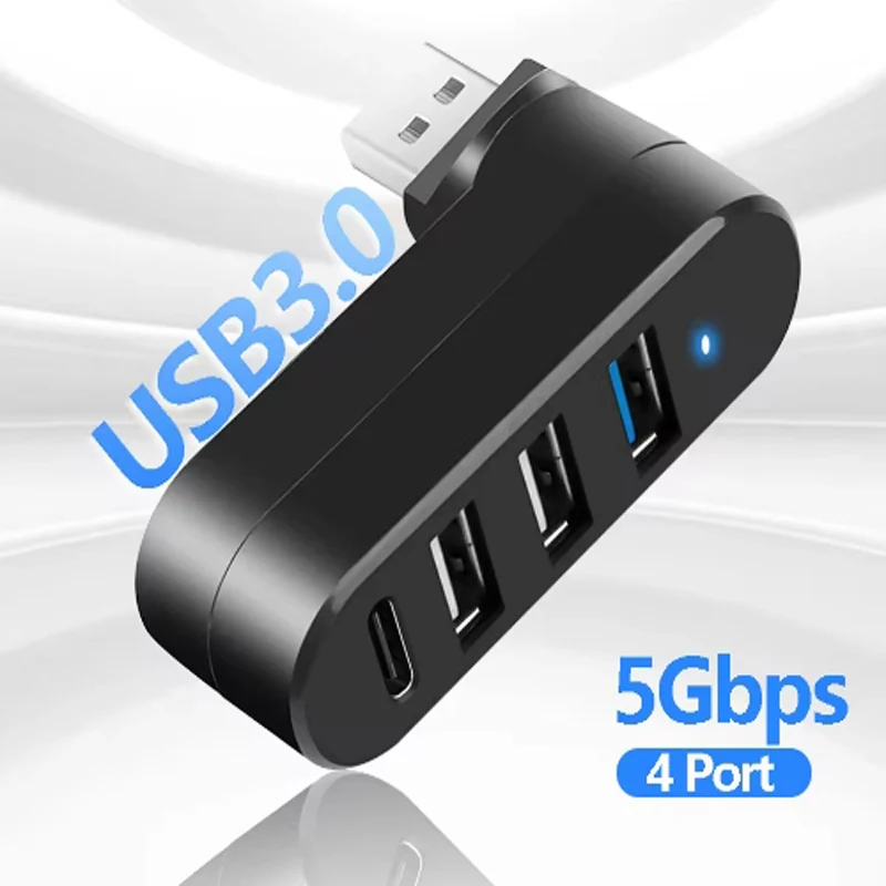 4-In-1 USB 3.0 Multifuncation HUB 90/180 Degree Rotatable USB Type-C Extender High Speed Data Transfer Charge Power Data Port