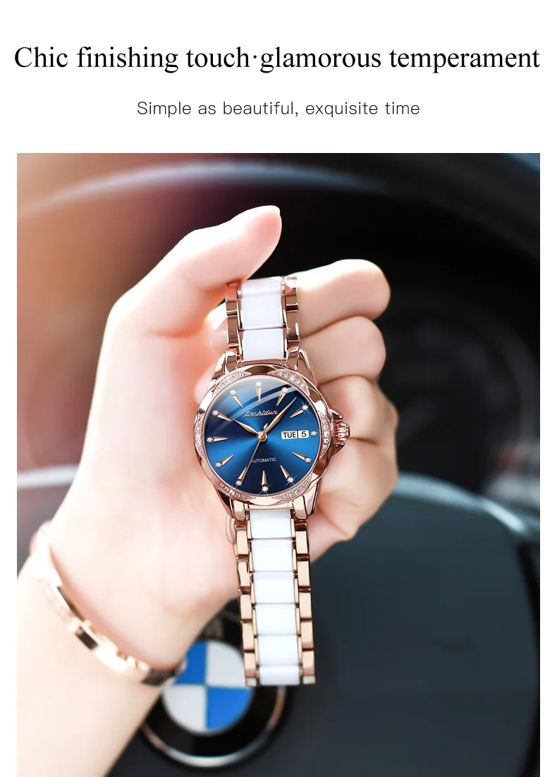 JINSHIDUN 8821 Automatikuhren für Damen, elegante Luxus-Keramik-Stahlarmbanduhr mit Doppelkalender, wasserdichte mechanische Damenuhren – Detail 13