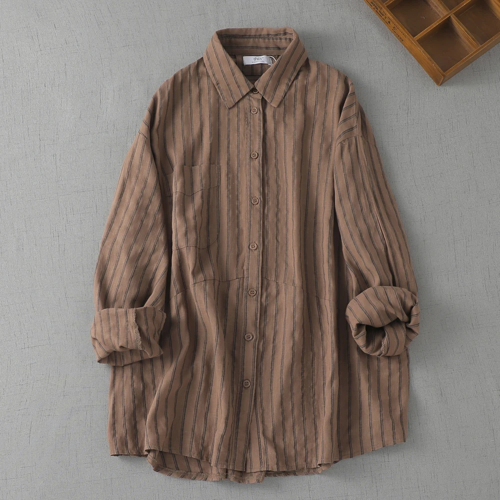 SuperAen Vertical Striped Linen Shirt Women\'s Autumn Casual Japanese Layered Shirt Long-sleeved Casual Shirts