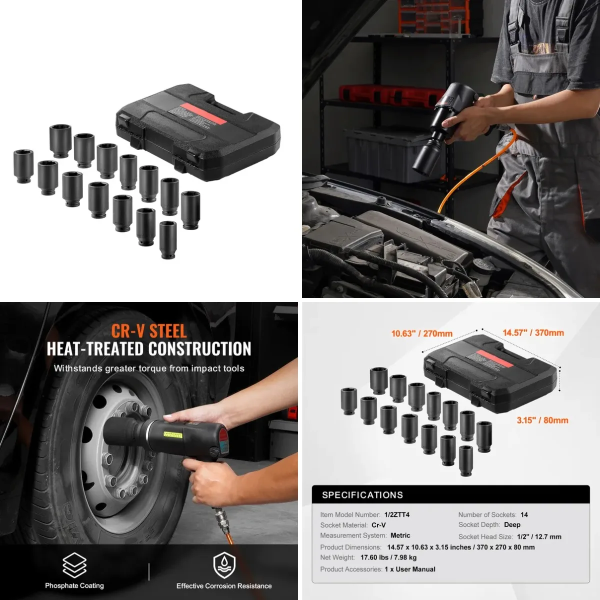 Axle Nut Impact Socket Set, 1/2' Drive Deep 6+12-Point 14-Piece Metric Spindle Nut Socket Set, CR-V Heat Treated Large Socket Se
