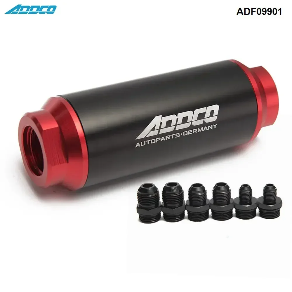 ADDCO Universal Car Racing In-Line Fuel Oil Filter With AN10 AN8 AN6 Fittings Adapter Black&Red 40 Micron ADF09901