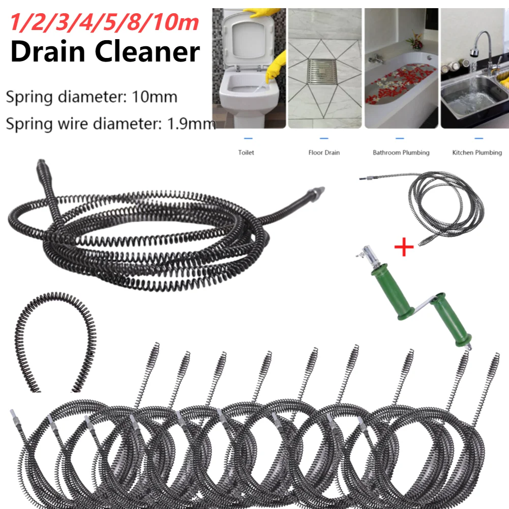 1/2/3/4/5/8/10 Meter Drain Cleaner 10mm Dia Pipe Unclog Spring Anti-Rust Sewer Sink Basin Pipeline Clogged Remover Cleaning Tool