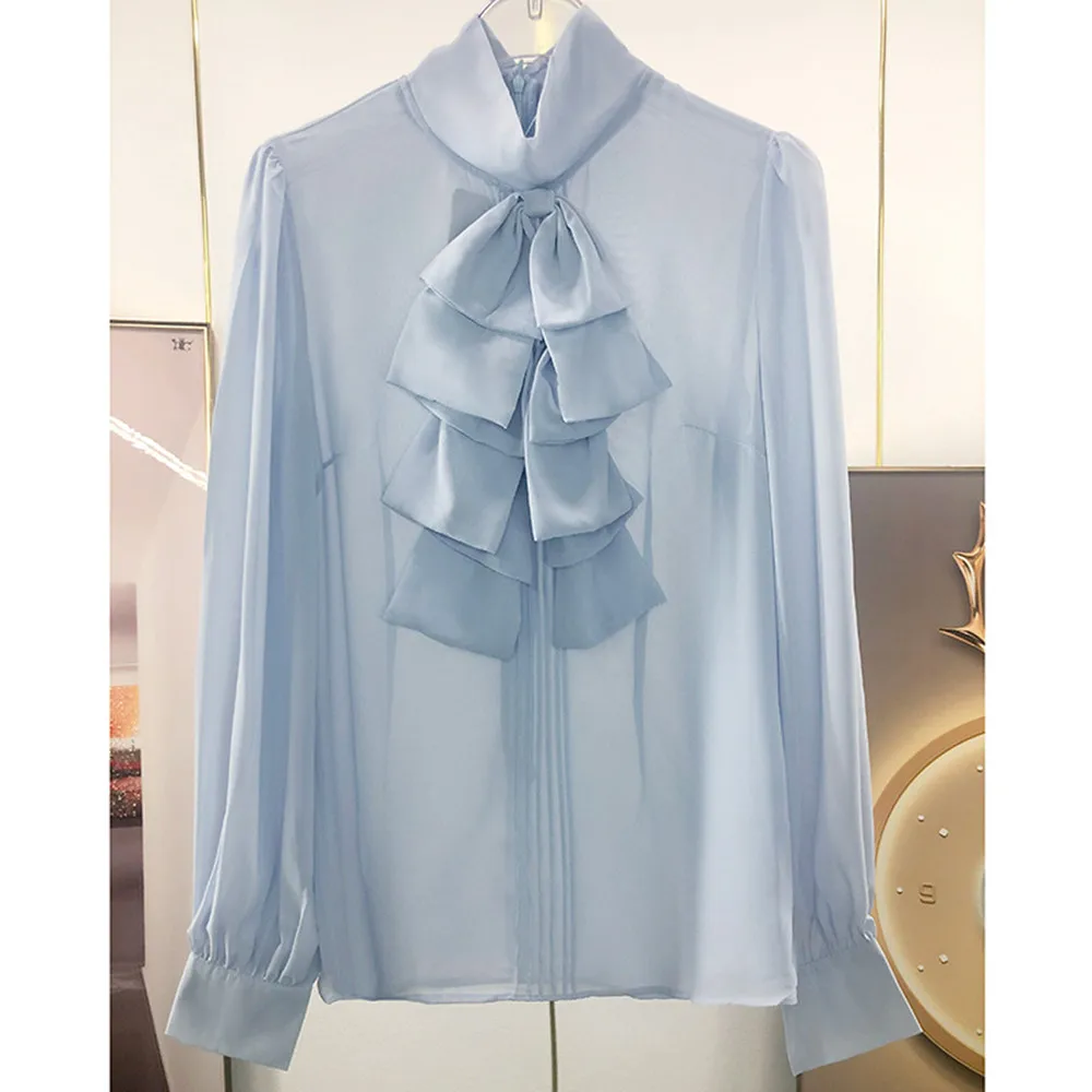 Spring Autumn France Style Women's Elegant Ruffles Chiffon Shirts Chic OL Stand Collar Blouses F216