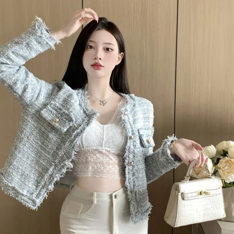 

New Fashion Korean Chic Vintage Tweed Woolen Jacket Fashion Plaid Women White Round Neck Cropped Tassel Office Lady Outwear 2023