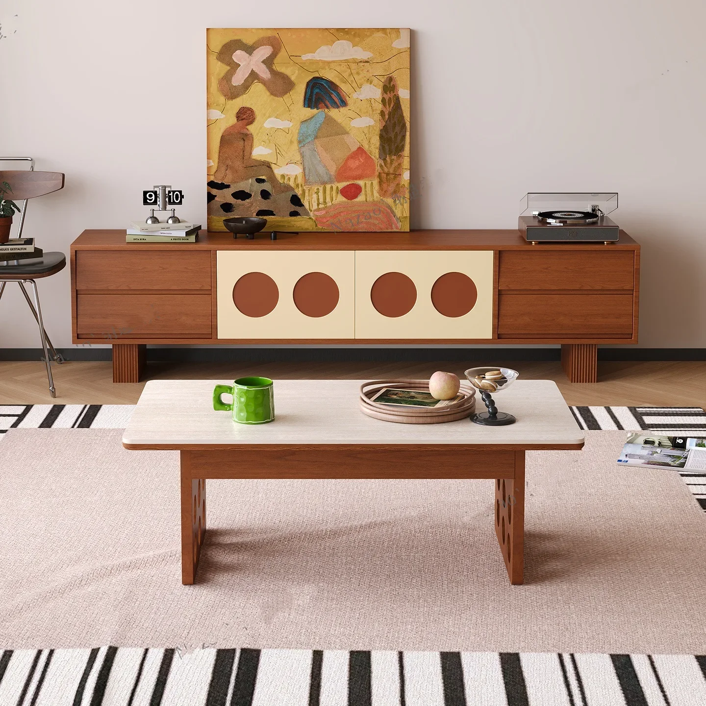 Medieval solid wood TV cabinet coffee table combination integrated living room