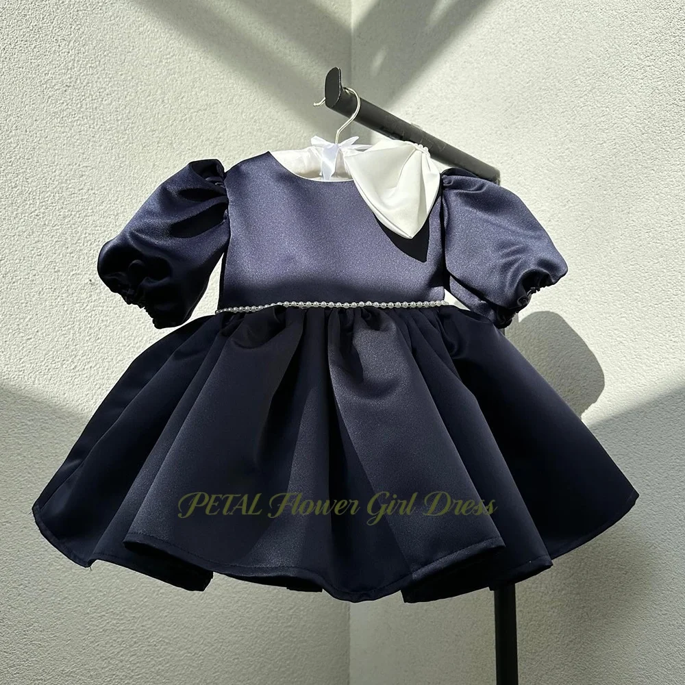 

Petal O Neck Kid Party Dress with Pearls Puff Sleeve Flower Girl Dress A Line Children First Communion Dress with Bow Customized