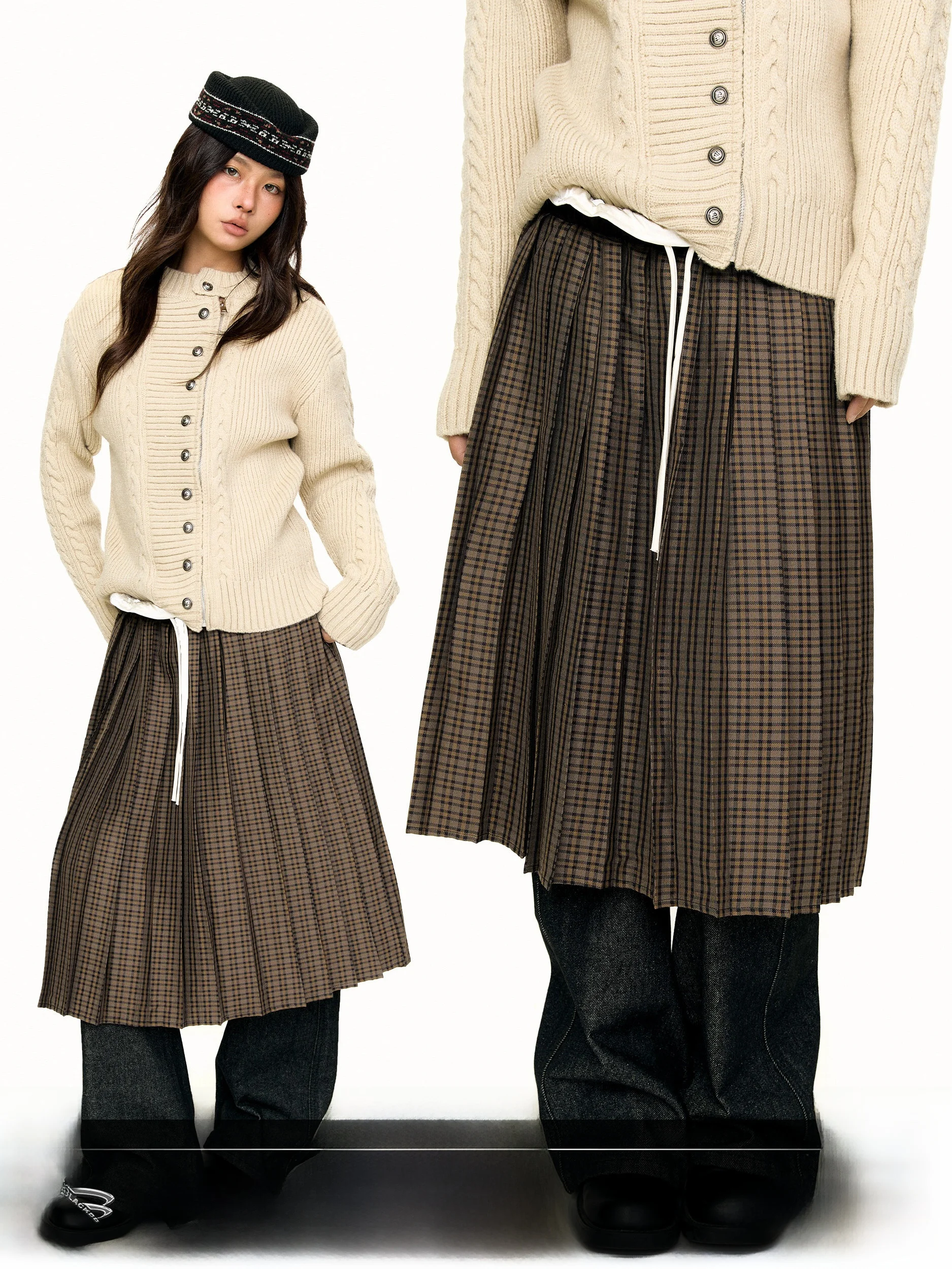 Retro College Style Plaid Brown  Skirt Color Block Drawstring Design Low Waist A-Line Midi Skirt Women's Fashion