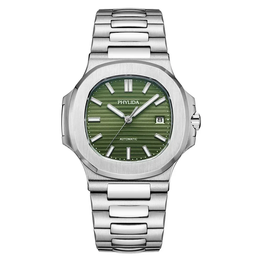 PHYLIDA 40 mm herenhorloge met groene wijzerplaat, luxe klassiek sporthorloge Miyota automatisch met datum saffierglas