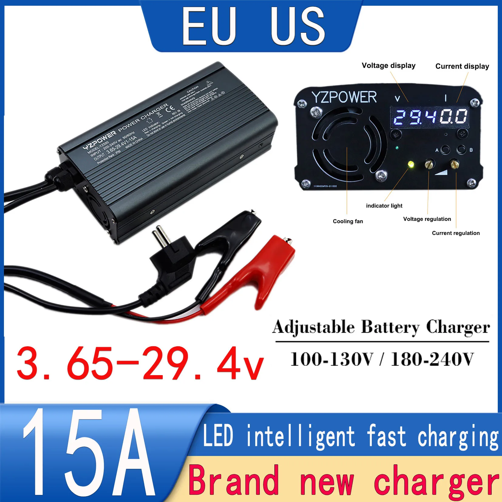 3.65V 14.6V 29.2V 15A Lifepo4 Lithium Battery Charger LED Charger Adjustable Voltage 3.65-29.4V and 1-15A Current Aluminum Shell