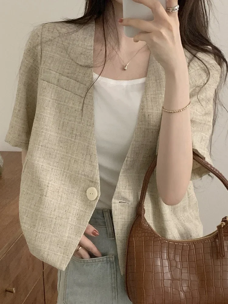 2024 Summer V-neck Short Outerwear Women Thin Design High Sense Short Sleeve Tops Female Korea Fashion Retro Outdoor Cardigan